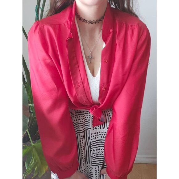 70s Red Collared Button Up Shirt Blouse Polyester Vintage 14 - Picture 3 of 5
